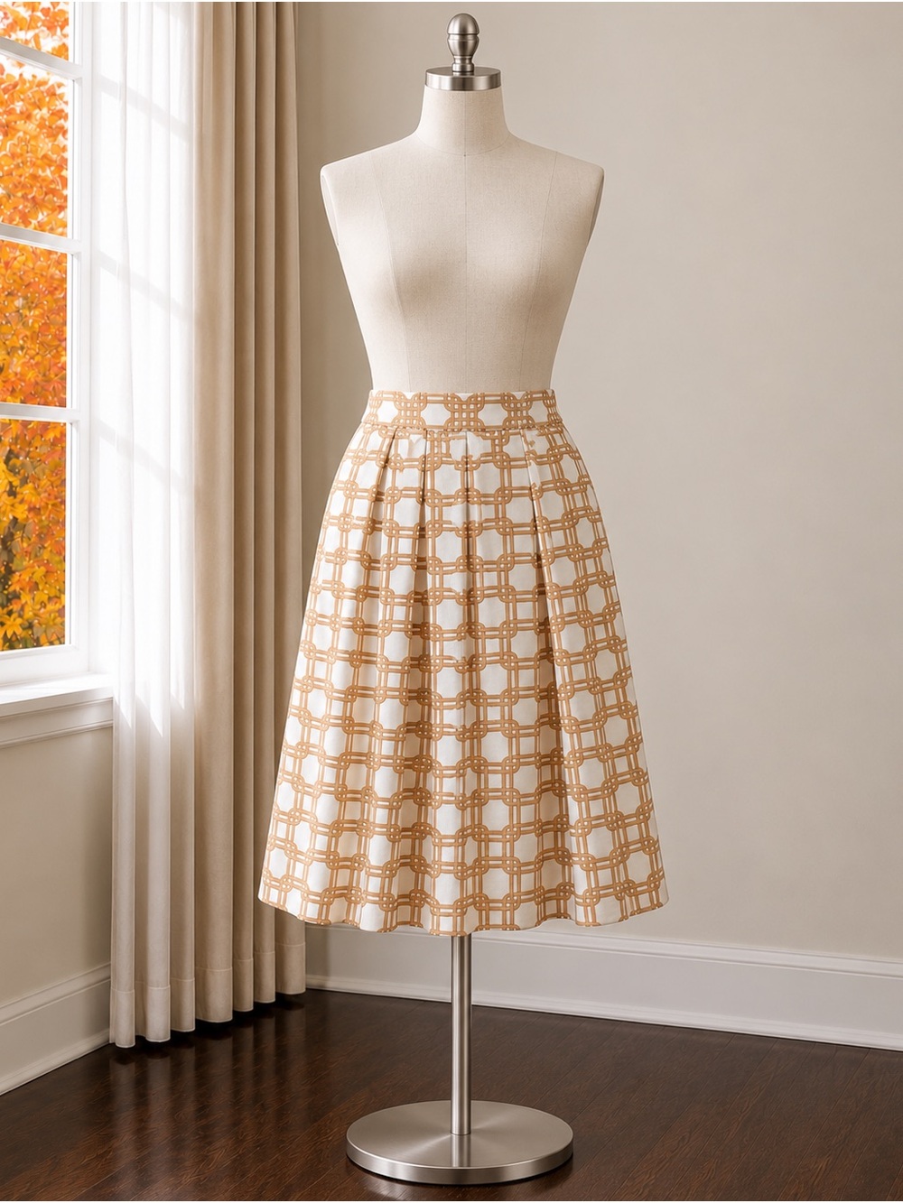 Ann Taylor Midi A-Line Skirt in Beige and White Lattice